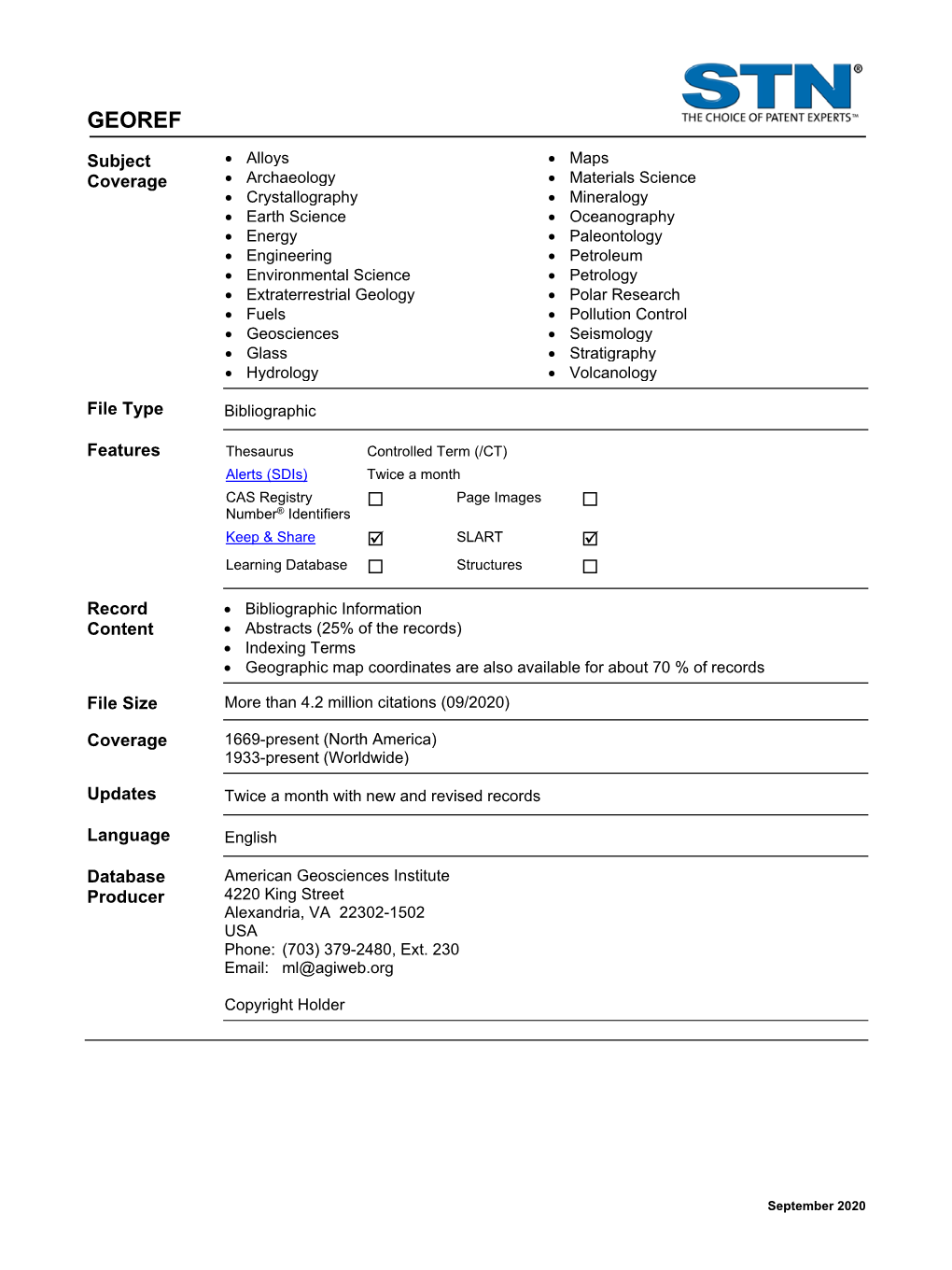 GEOREF Database Summary Sheet