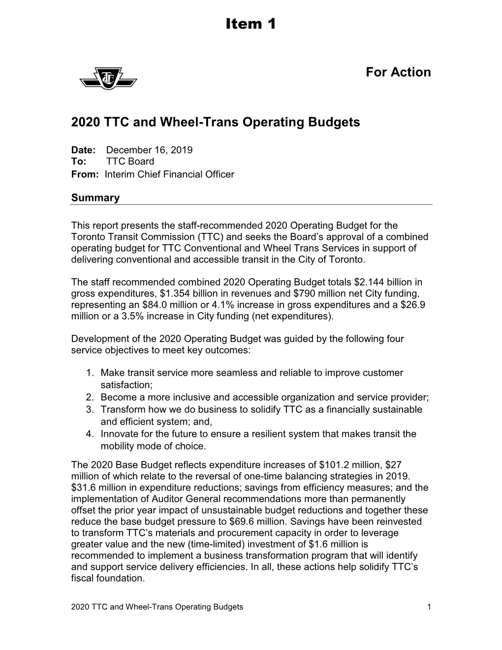 For Action 2020 TTC and Wheel-Trans Operating Budgets