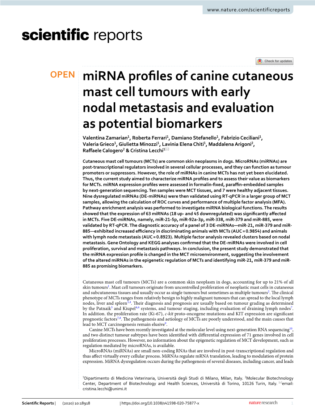 Mirna Profiles of Canine Cutaneous Mast Cell Tumours with Early Nodal Metastasis and Evaluation As Potential Biomarkers