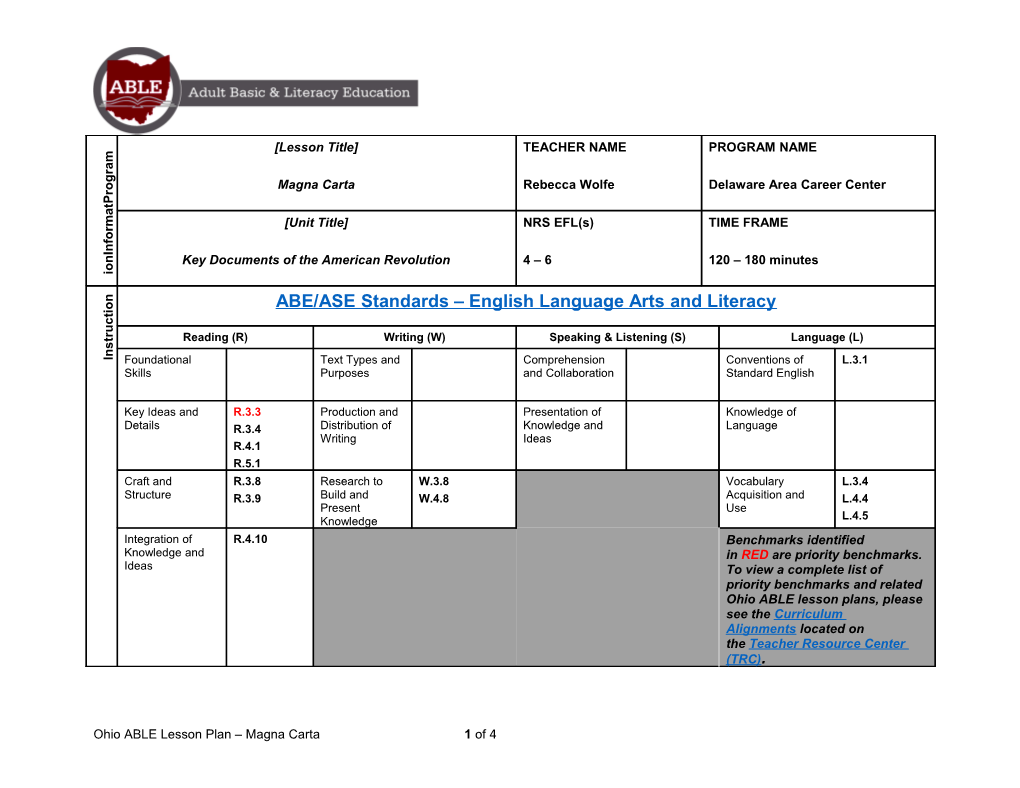 Program Information / Lesson Title Magna Carta / TEACHER NAME Rebecca Wolfe / PROGRAM