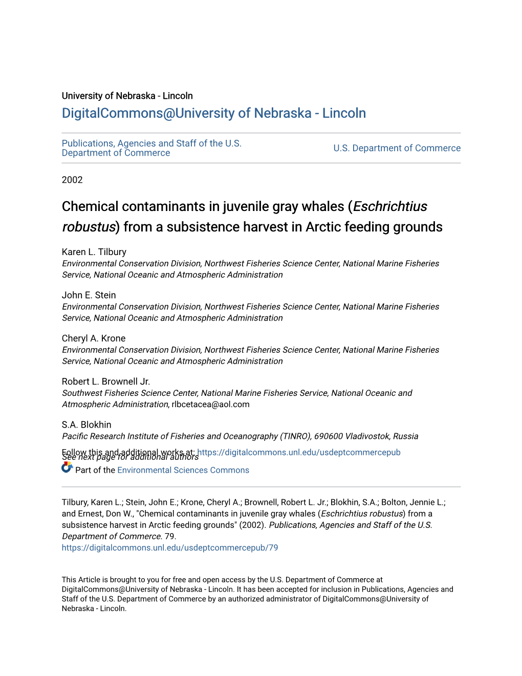 Chemical Contaminants in Juvenile Gray Whales (Eschrichtius Robustus) from a Subsistence Harvest in Arctic Feeding Grounds