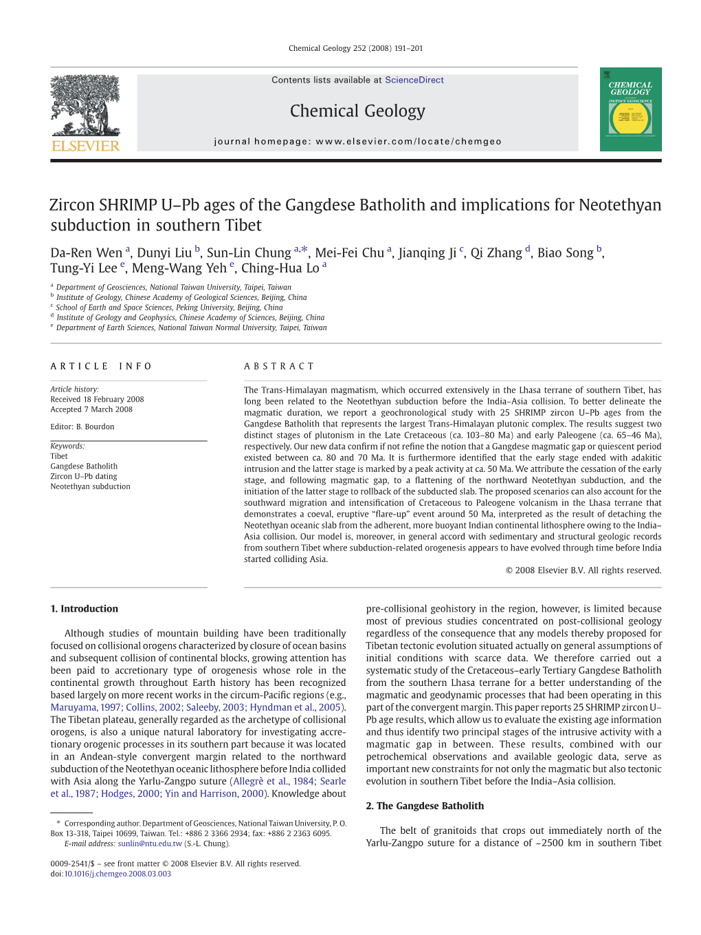 Zircon SHRIMP U–Pb Ages of the Gangdese Batholith and Implications for Neotethyan Subduction in Southern Tibet