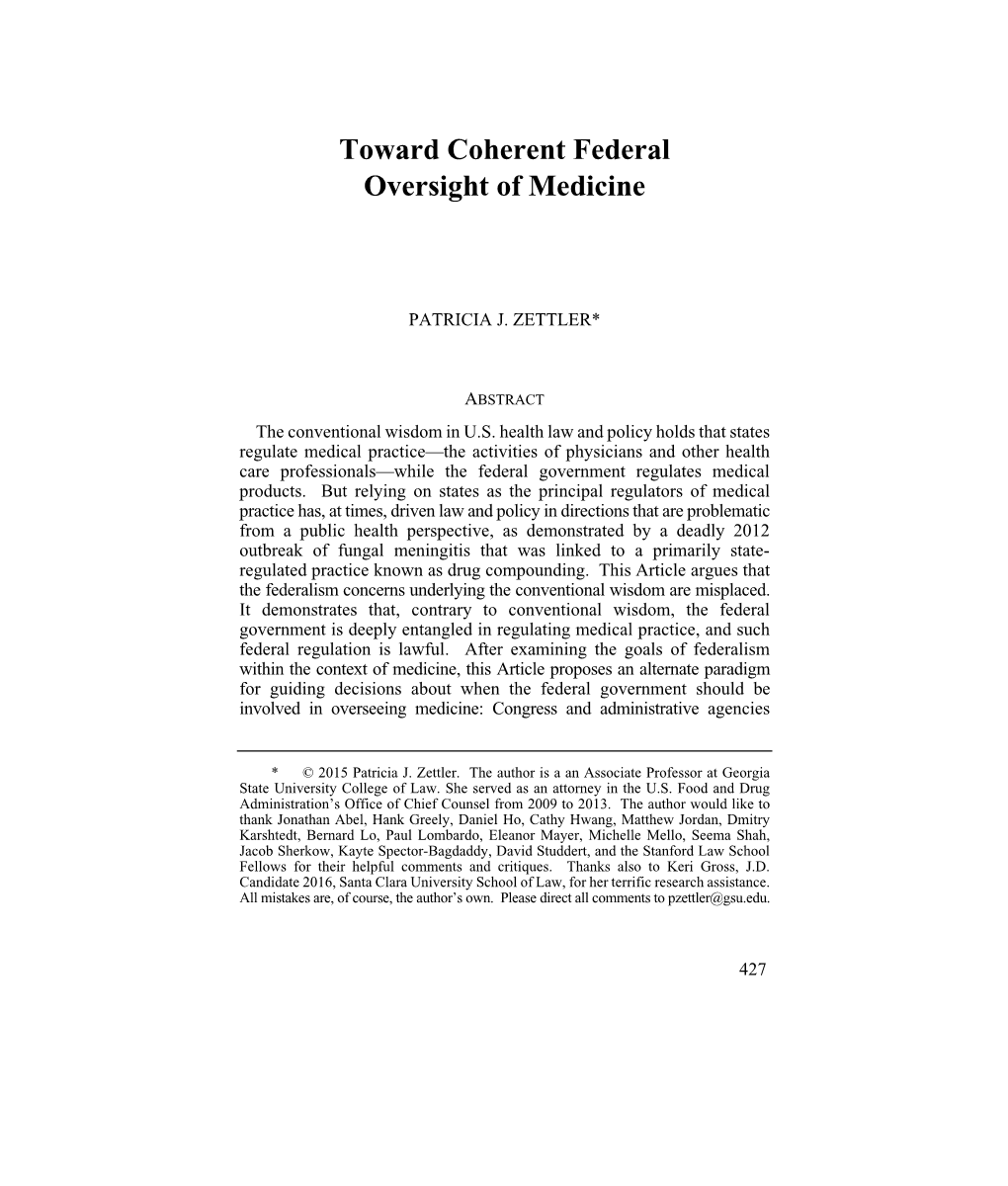 Toward Coherent Federal Oversight of Medicine