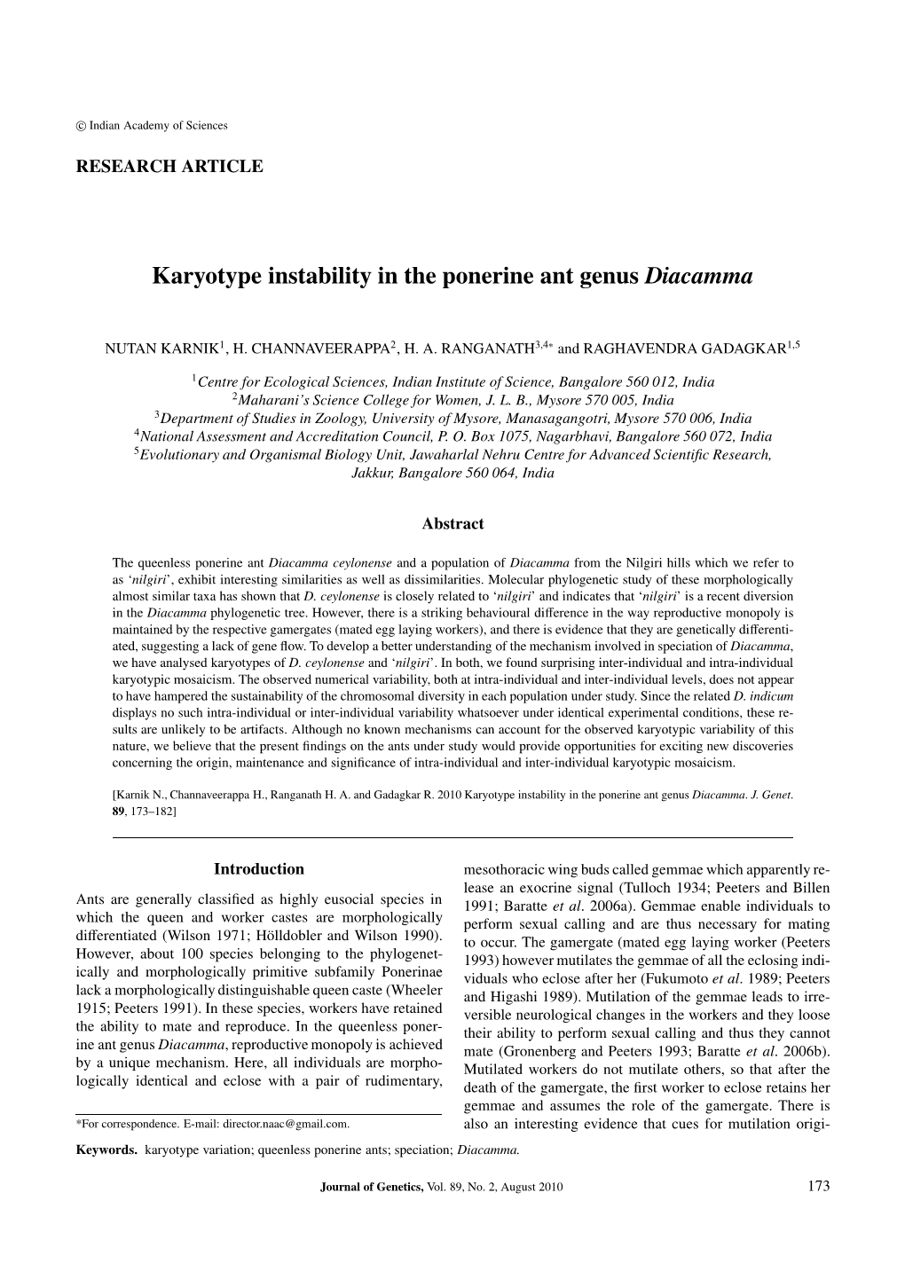 Karyotype Instability in the Ponerine Ant Genus Diacamma