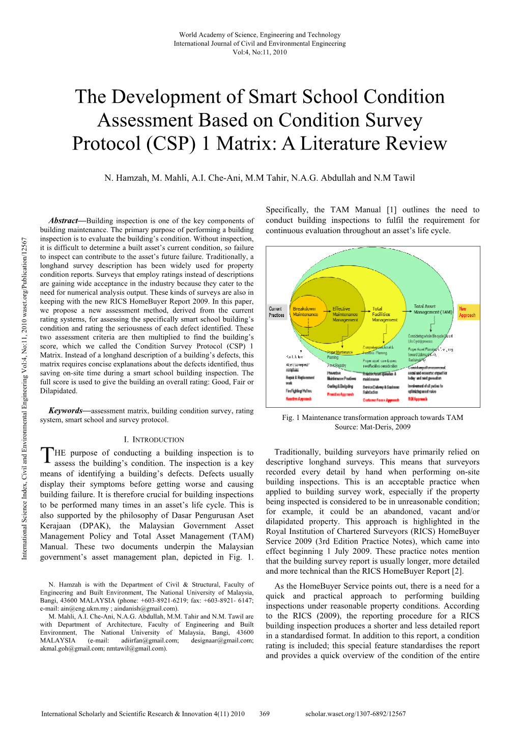The Development of Smart School Condition Assessment Based on Condition Survey Protocol (CSP) 1 Matrix: a Literature Review