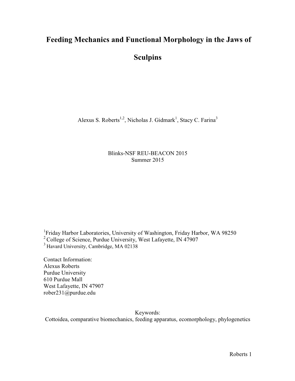 Feeding Mechanics and Functional Morphology in the Jaws of Sculpins