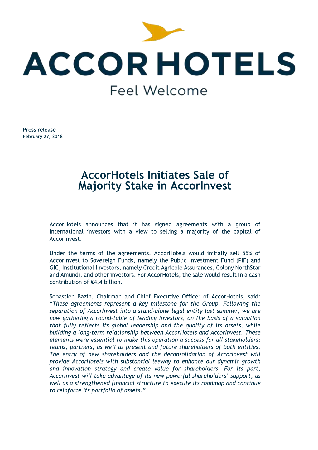 Accorhotels Initiates Sale of Majority Stake in Accorinvest