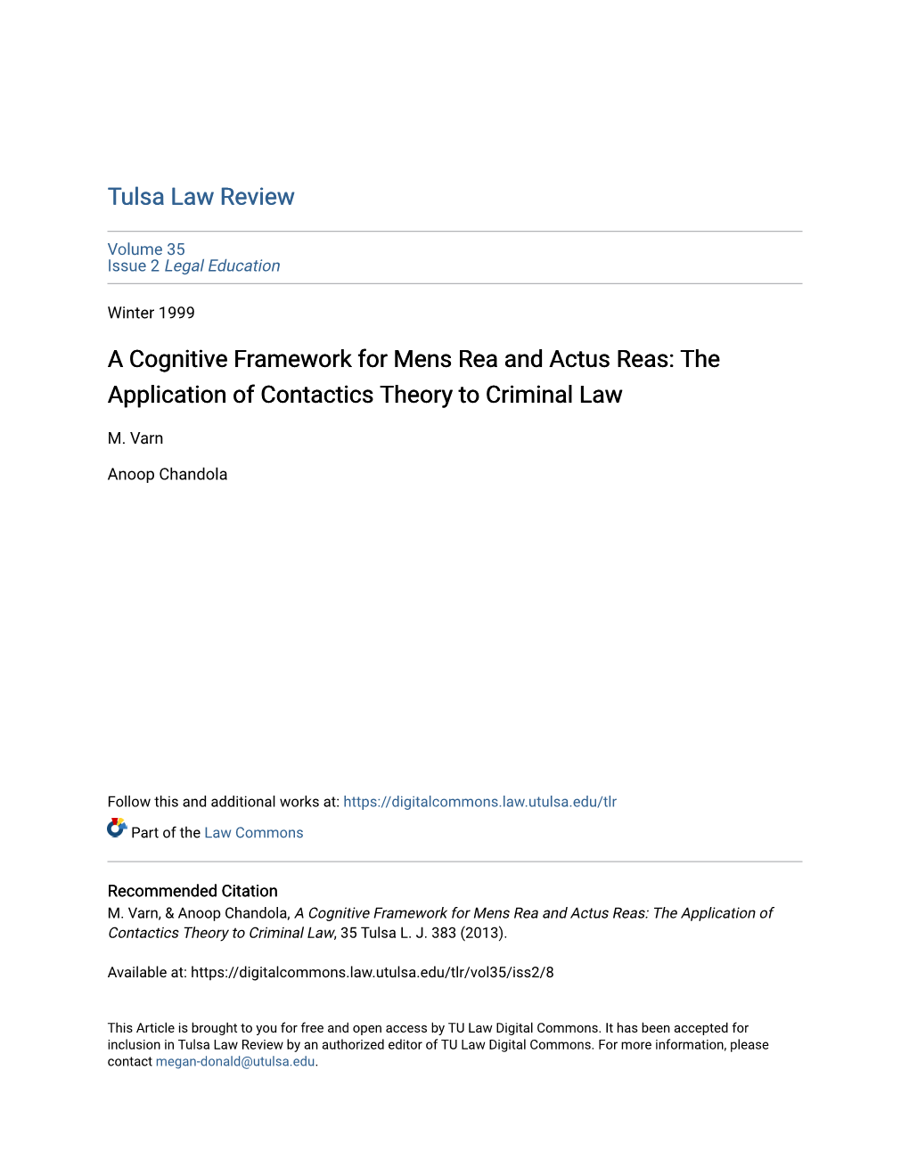 A Cognitive Framework for Mens Rea and Actus Reas: the Application of Contactics Theory to Criminal Law