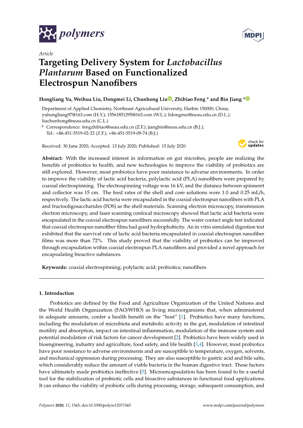 Targeting Delivery System for Lactobacillus Plantarum Based on Functionalized Electrospun Nanoﬁbers