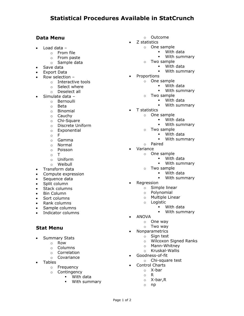 Statistical Procedures Available in Statcrunch