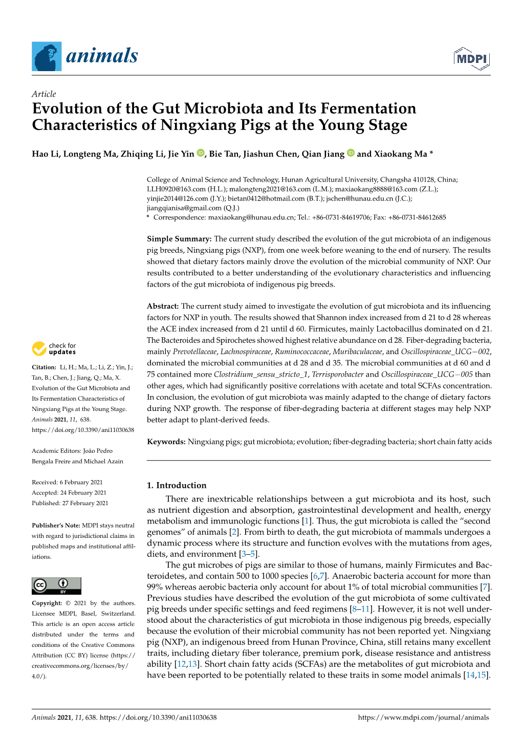 Evolution of the Gut Microbiota and Its Fermentation Characteristics of Ningxiang Pigs at the Young Stage