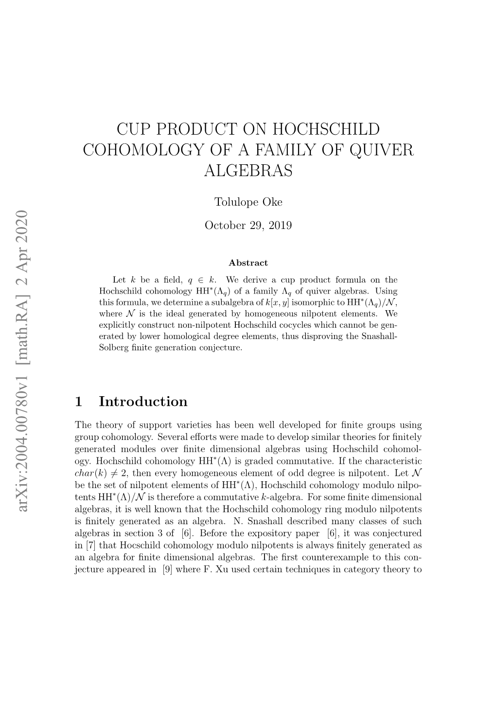 Cup Product on Hochschild Cohomology of a Family of Quiver Algebras