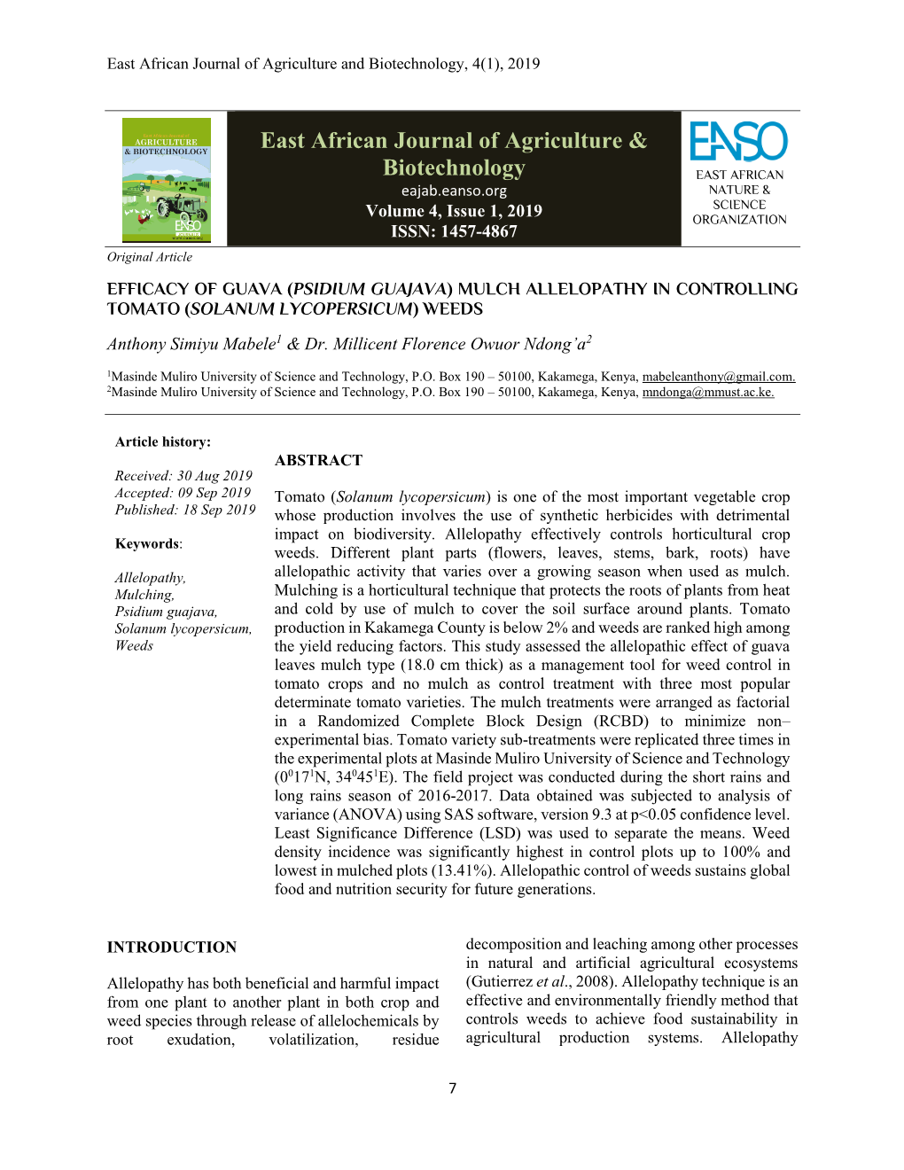 East African Journal of Agriculture & Biotechnology