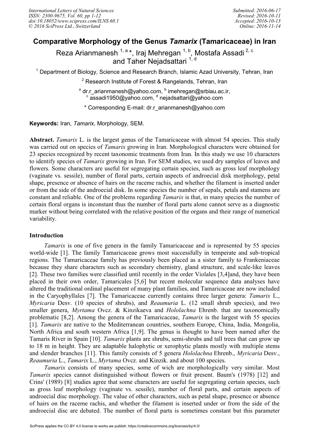 Comparative Morphology of the Genus Tamarix (Tamaricaceae)