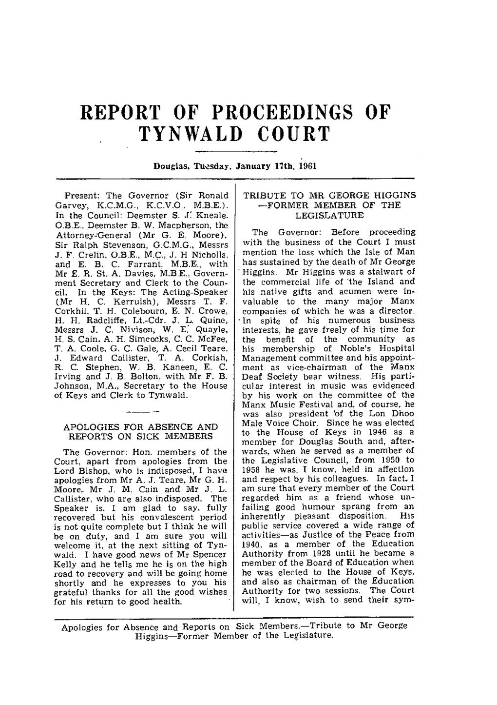 Report of Proceedings of Tynwald Court