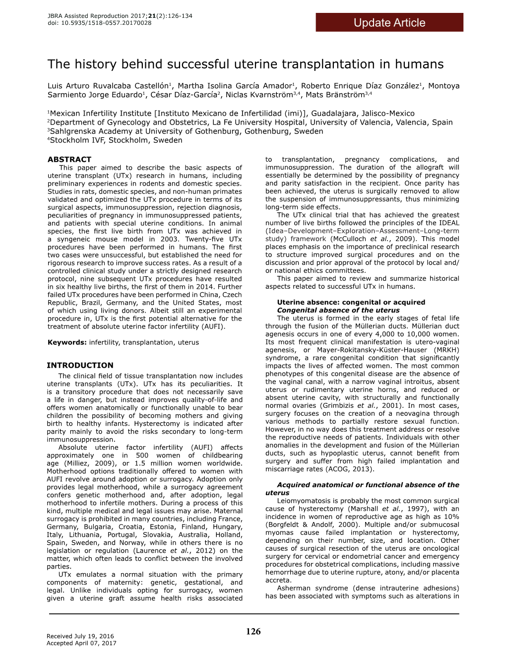 The History Behind Successful Uterine Transplantation in Humans