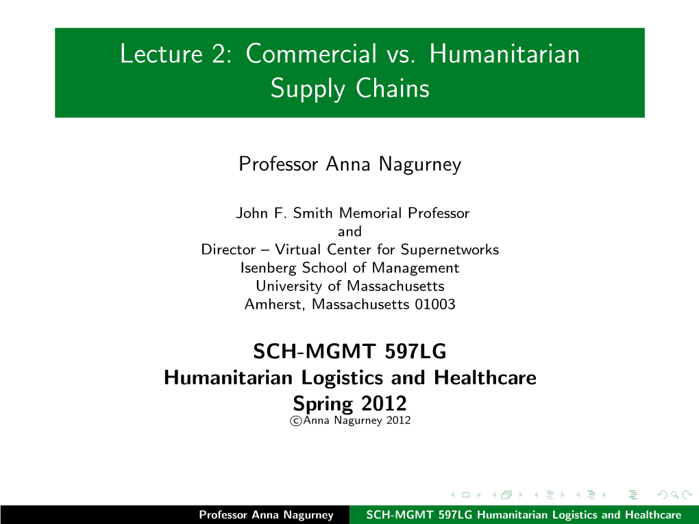 Lecture 2: Commercial Vs. Humanitarian Supply Chains