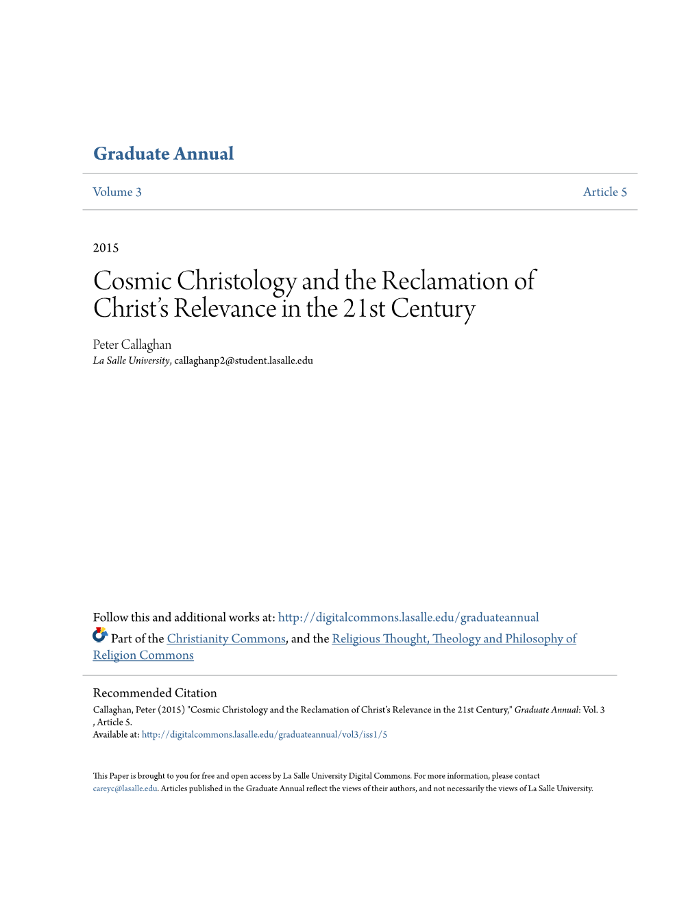 Cosmic Christology and the Reclamation of Christ's Relevance