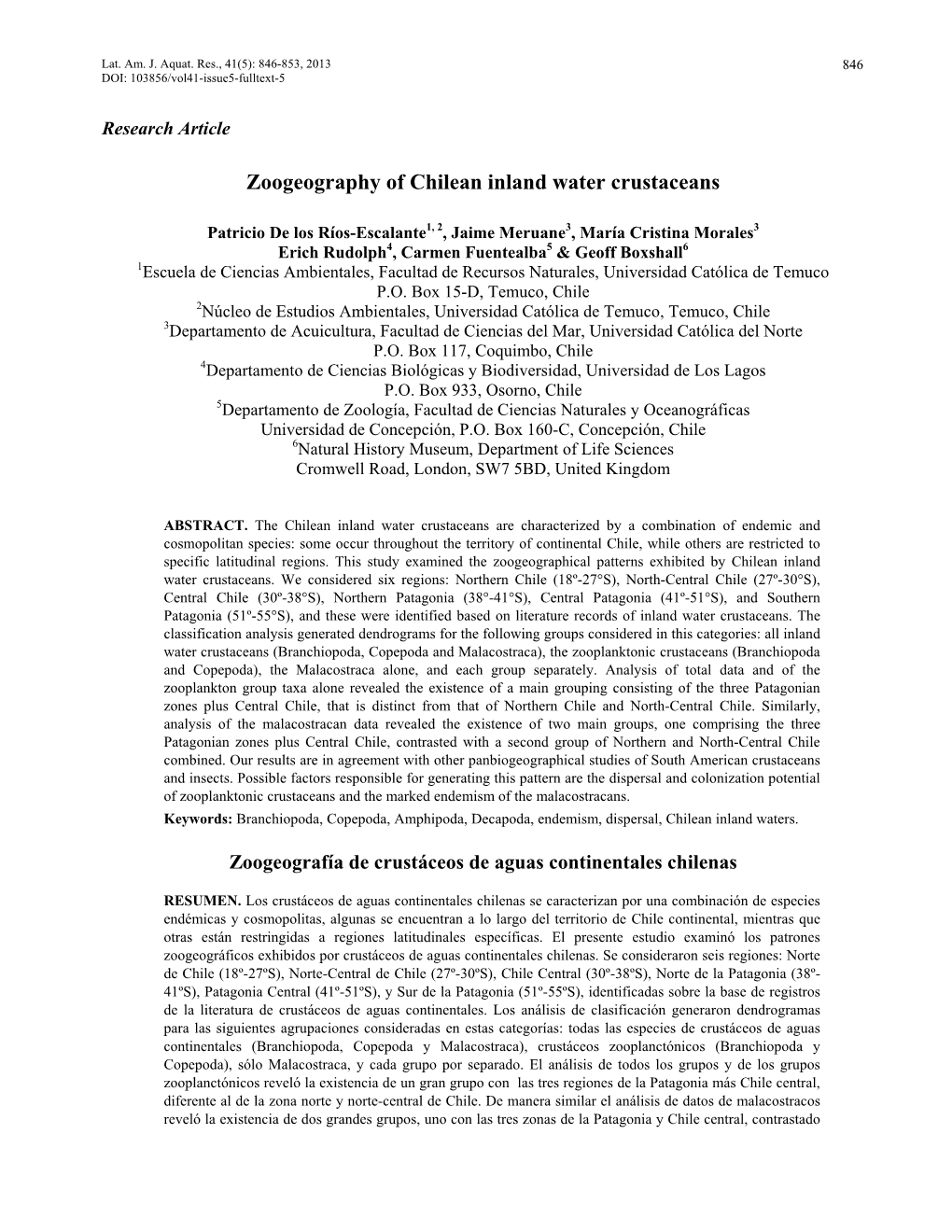 Zoogeography of Chilean Inland Water Crustaceans