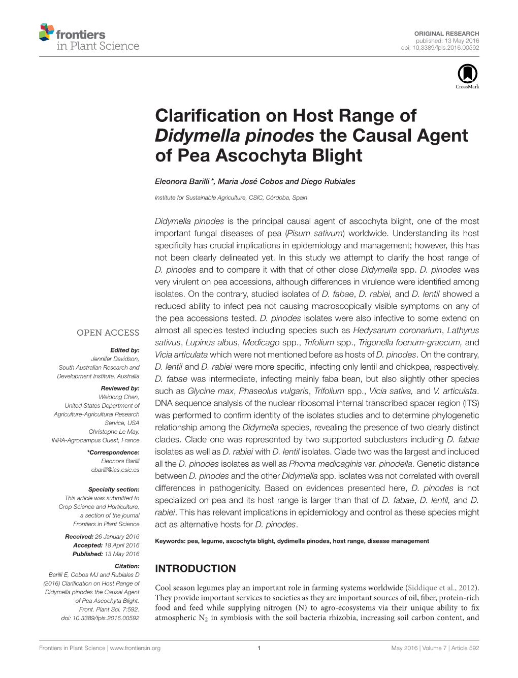 Clarification on Host Range of Didymella Pinodes the Causal