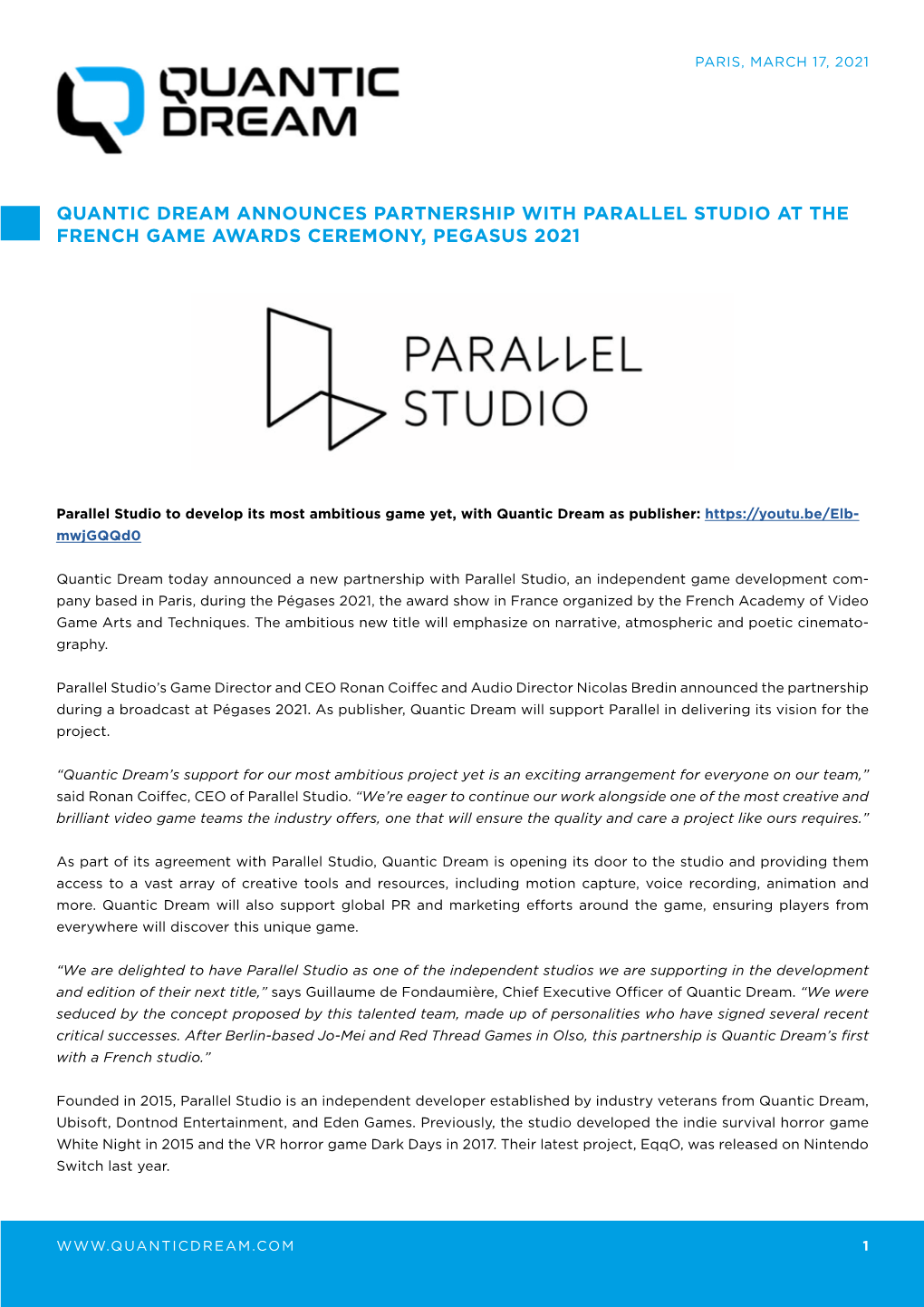 Partnership with Parallel Studio at the French Game Awards Ceremony, Pegasus 2021