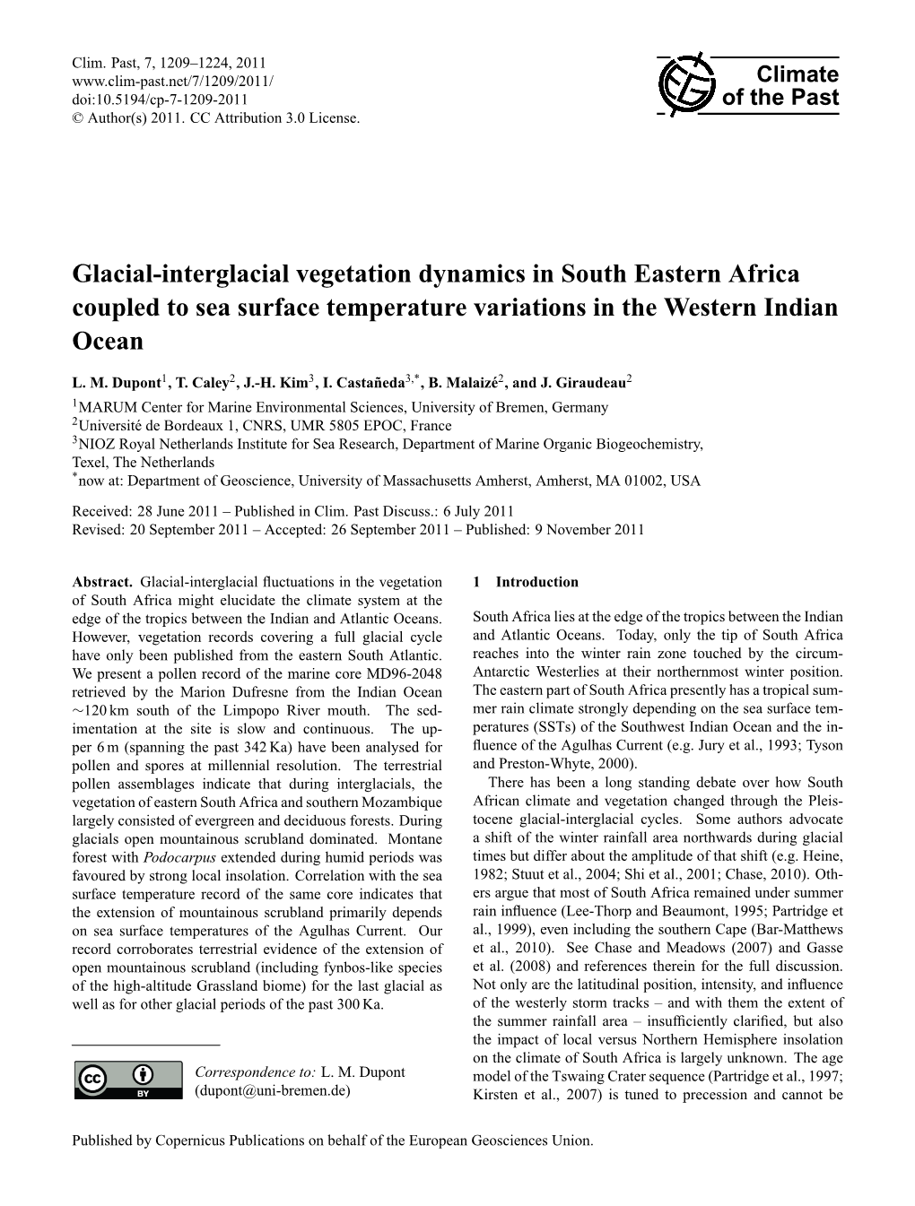 Glacial-Interglacial Vegetation Dynamics in South Eastern Africa Coupled to Sea Surface Temperature Variations in the Western Indian Ocean