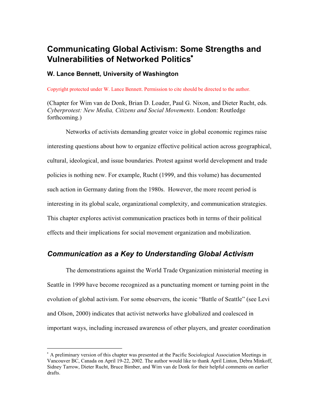 Communicating Global Activism: Some Strengths and Vulnerabilities of Networked Politics∗