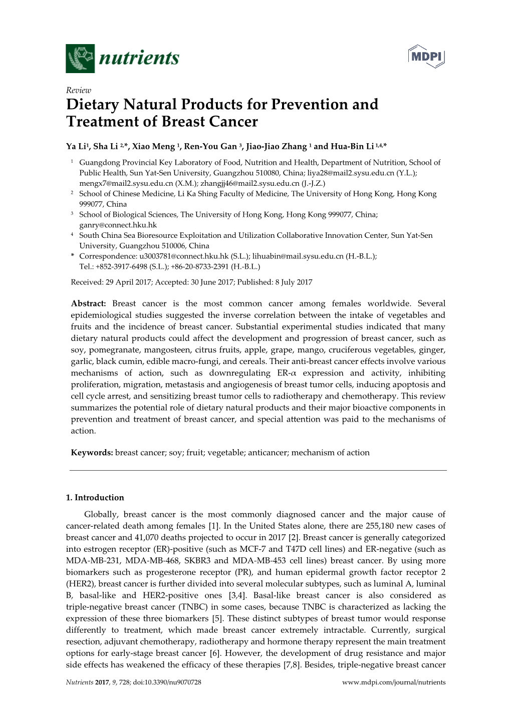 Dietary Natural Products for Prevention and Treatment of Breast Cancer