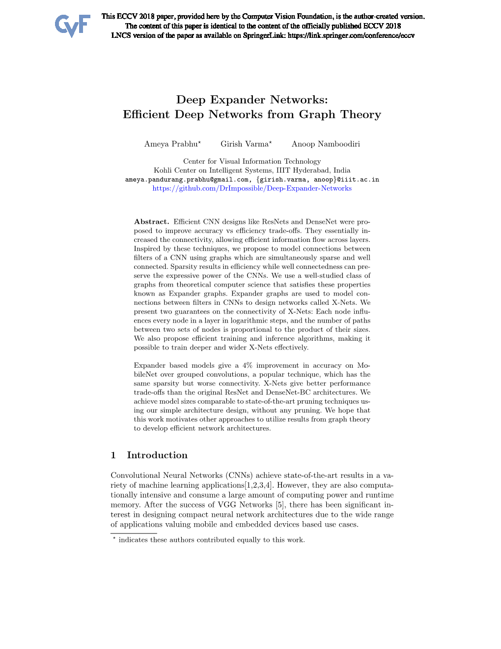 Deep Expander Networks: Efficient Deep Networks from Graph Theory