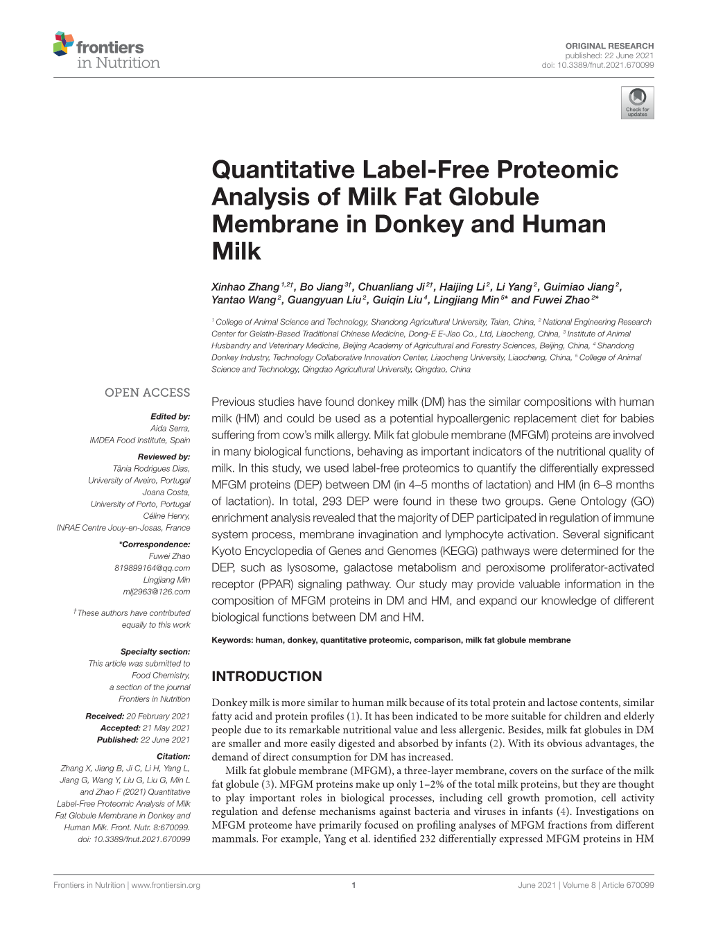 Quantitative Label-Free Proteomic Analysis of Milk Fat Globule Membrane in Donkey and Human Milk