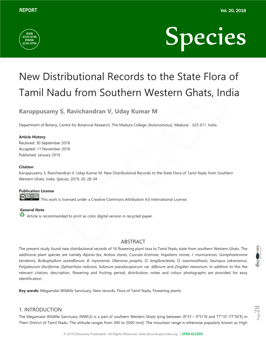 New Distributional Records to the State Flora of Tamil Nadu from Southern Western Ghats, India