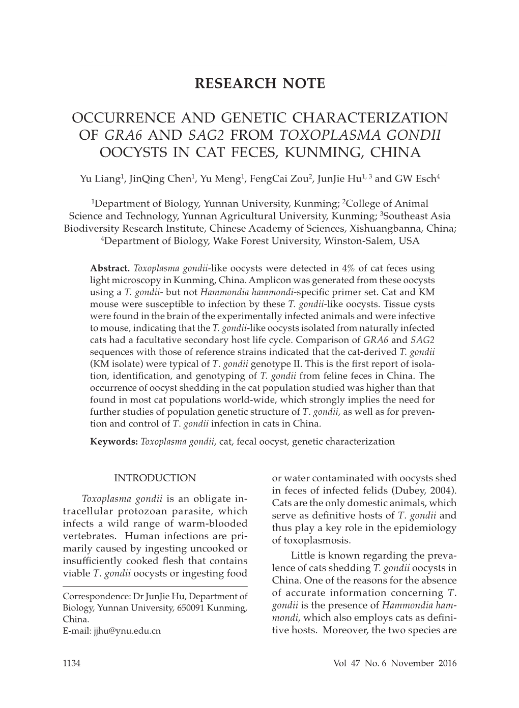 Occurrence and Genetic Characterization of Gra6 and Sag2 from Toxoplasma Gondii Oocysts in Cat Feces, Kunming, China