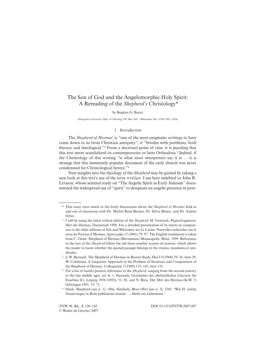 The Son of God and the Angelomorphic Holy Spirit: 0A Rereading of the Shepherd’S Christology*