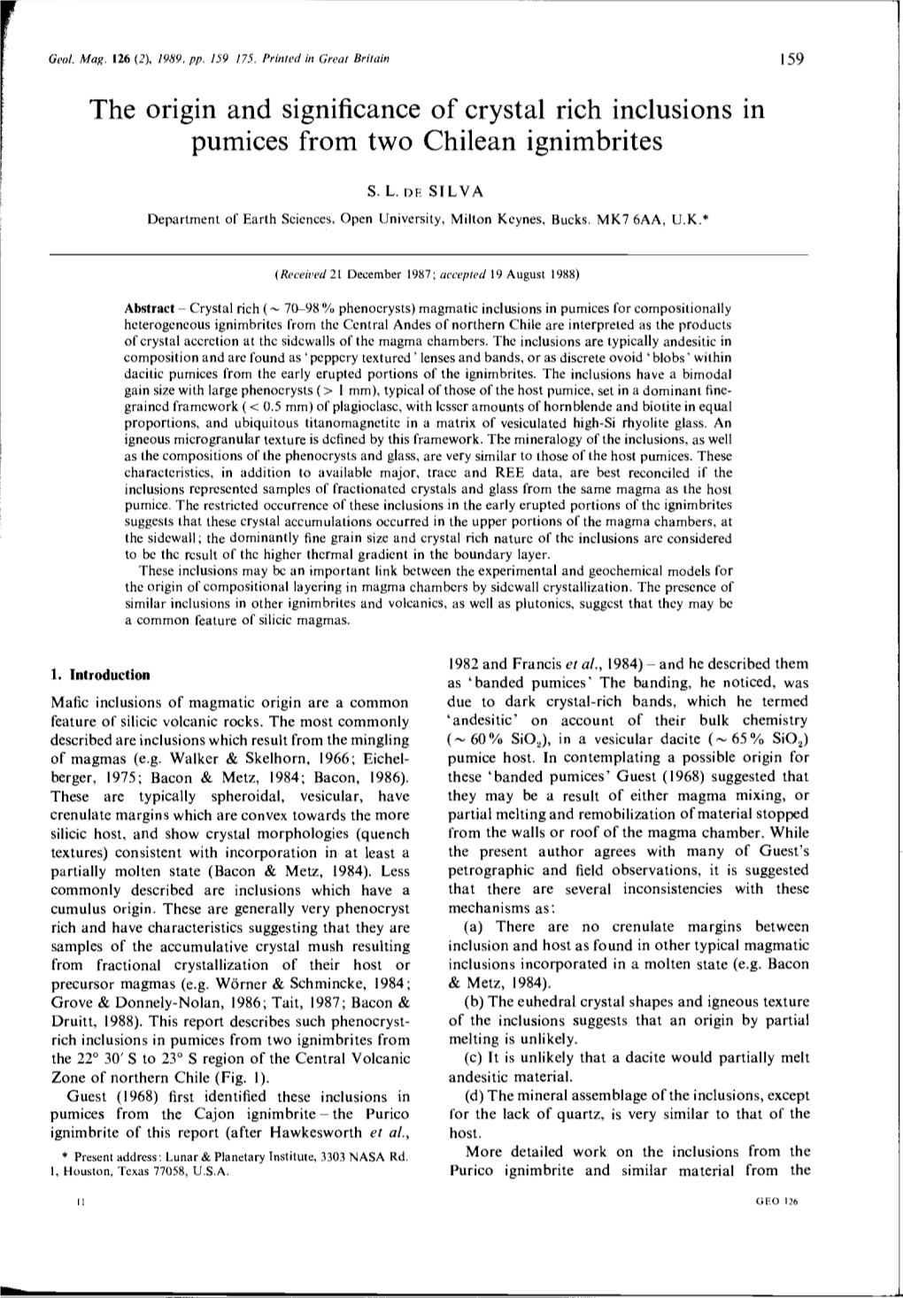 The Origin and Significance of Crystal Rich Inclusions in Pumices from Two Chilean Ignimbrites