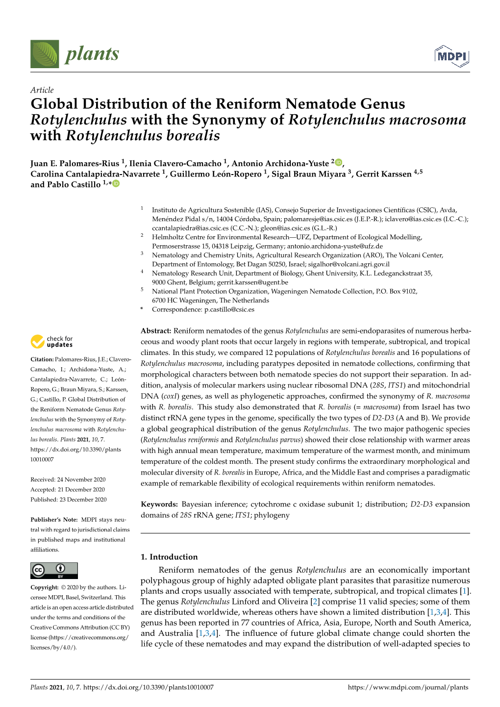 Global Distribution of the Reniform Nematode Genus Rotylenchulus with the Synonymy of Rotylenchulus Macrosoma with Rotylenchulus Borealis