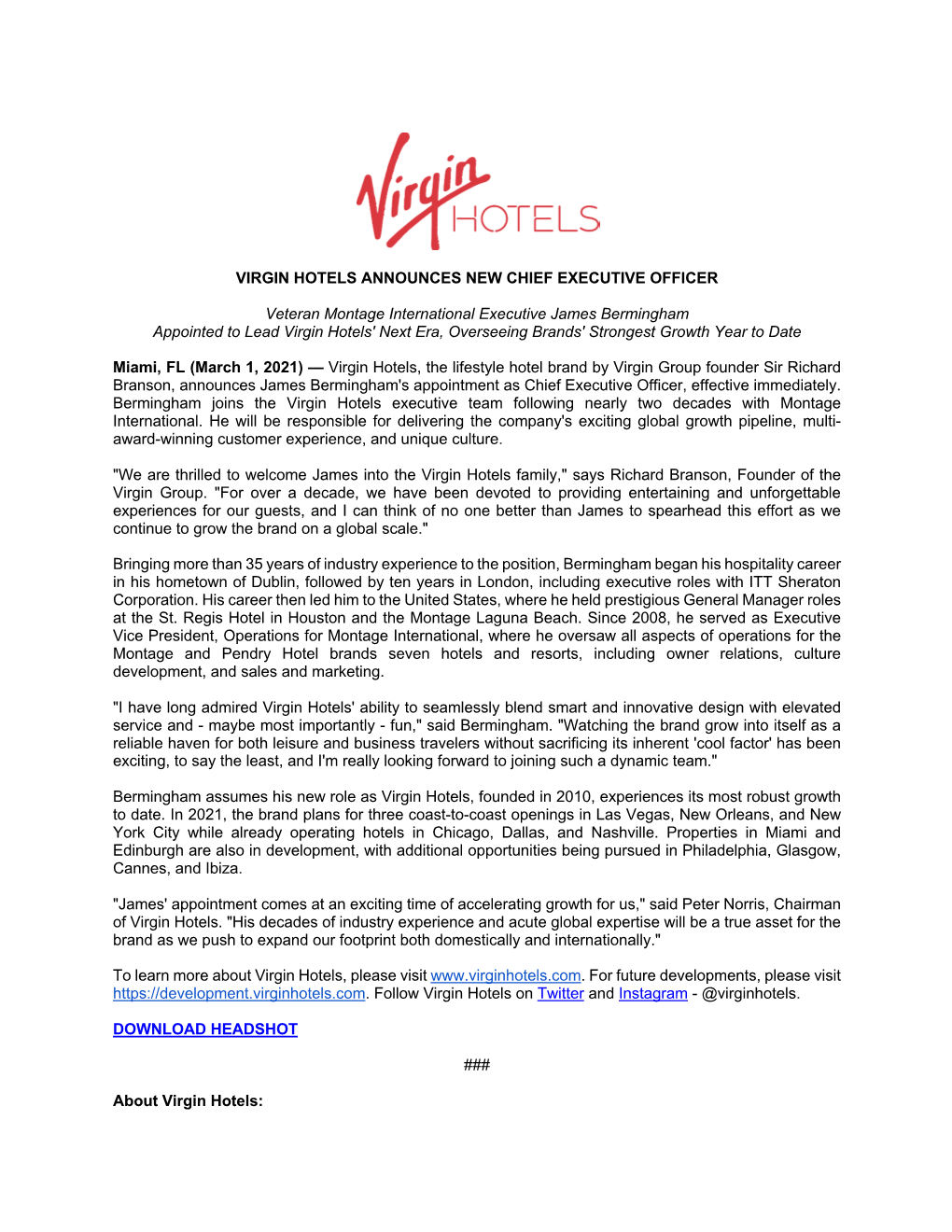 Virgin Hotels Announces New Chief Executive Officer