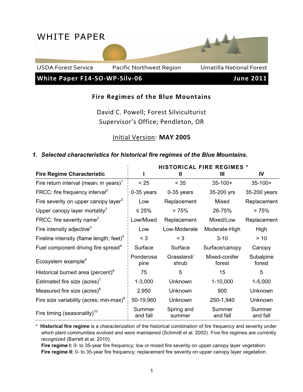 Selected Characteristics for Historical Fire Regimes of the Blue Mountains