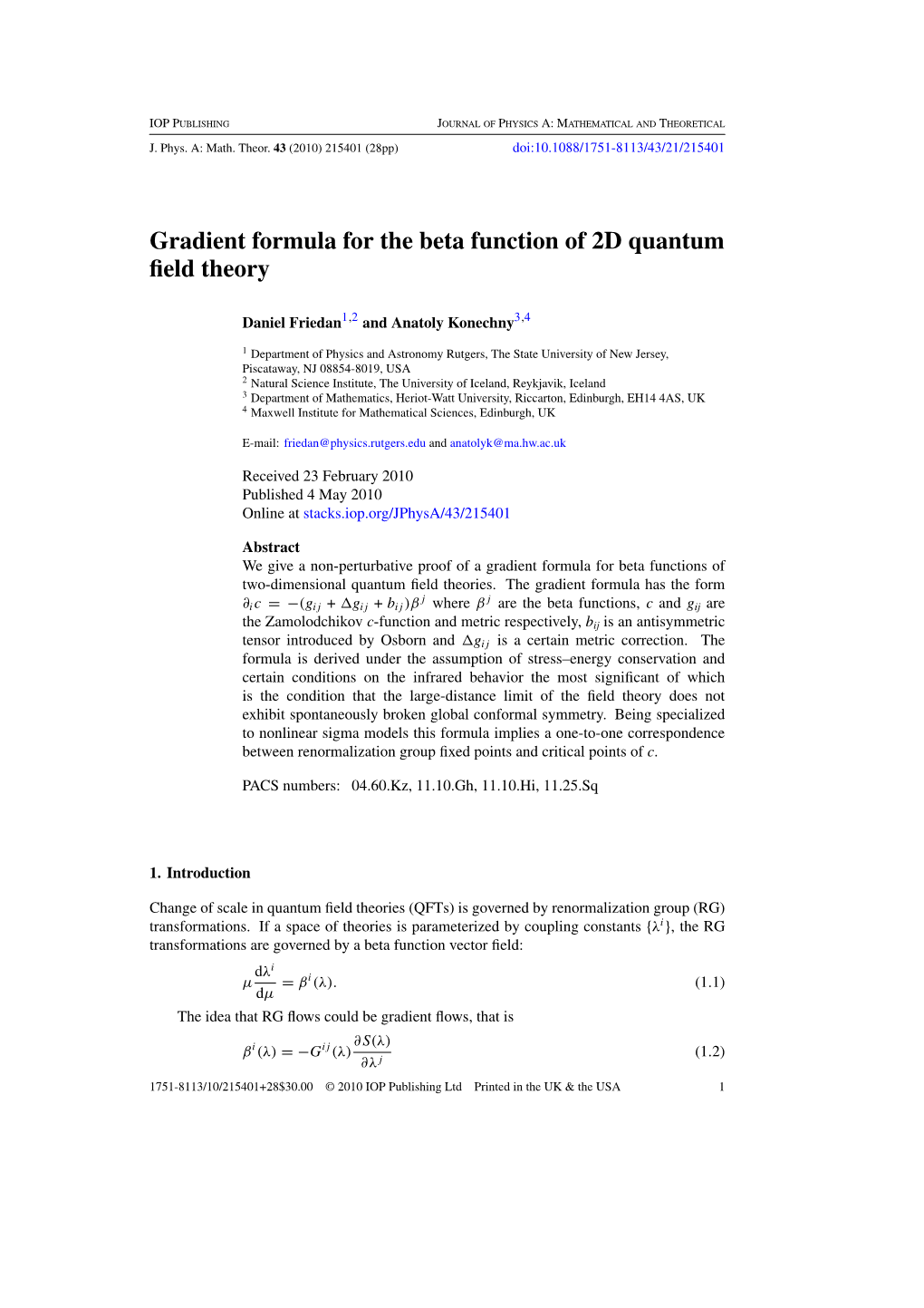 Gradient Formula for the Beta Function of 2D Quantum ﬁeld Theory