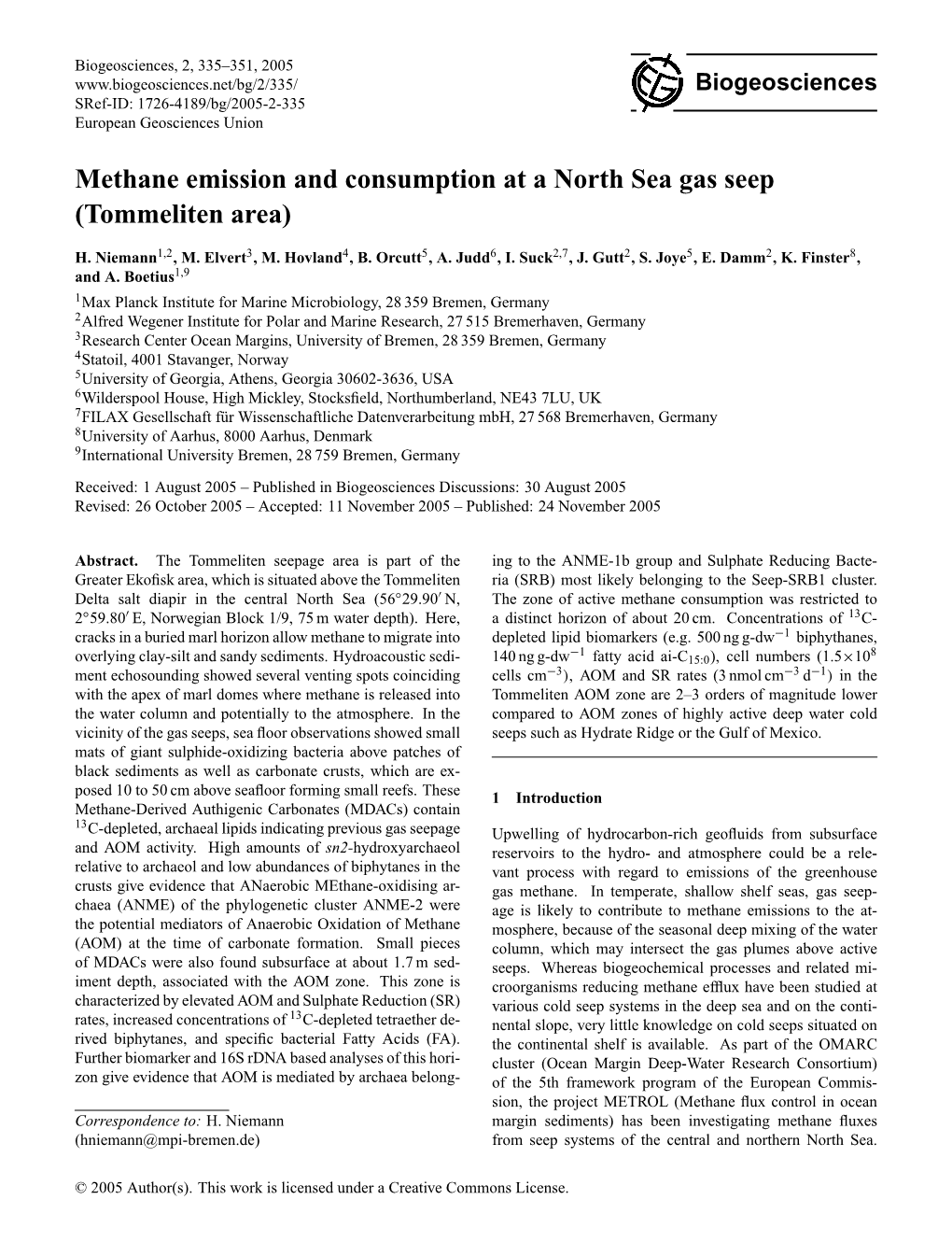 Methane Emission and Consumption at a North Sea Gas Seep (Tommeliten Area)