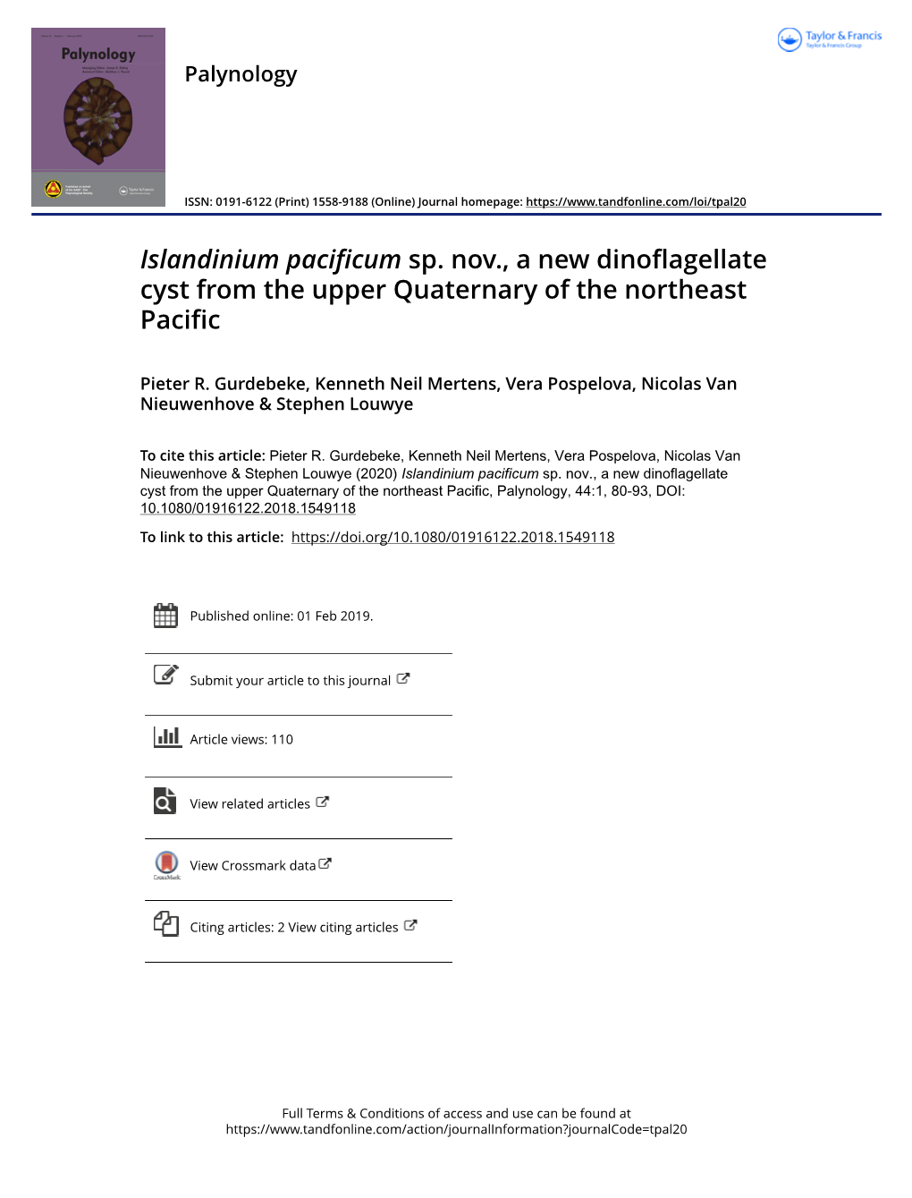 Islandinium Pacificum Sp. Nov., a New Dinoflagellate Cyst from the Upper Quaternary of the Northeast Pacific