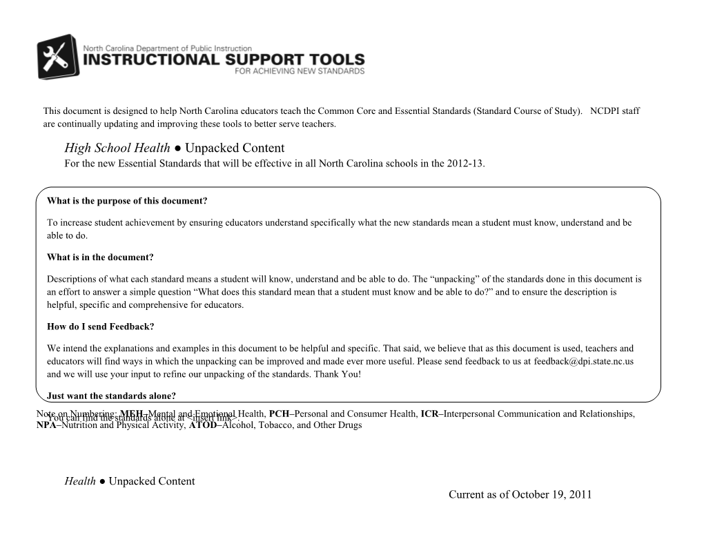 High School Health Unpacked Content