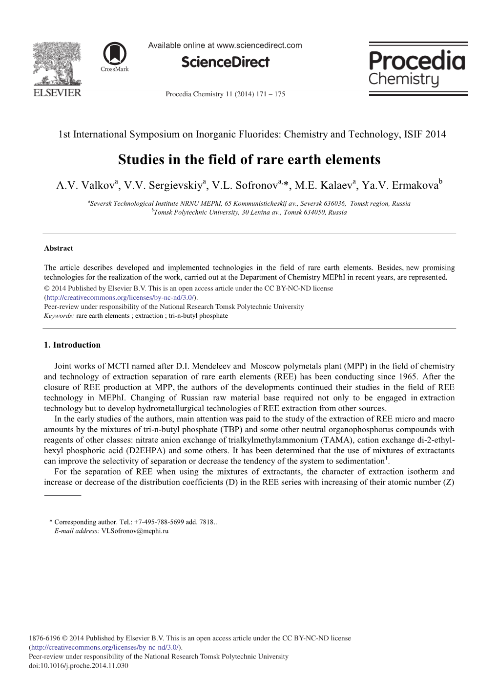 Studies in the Field of Rare Earth Elements