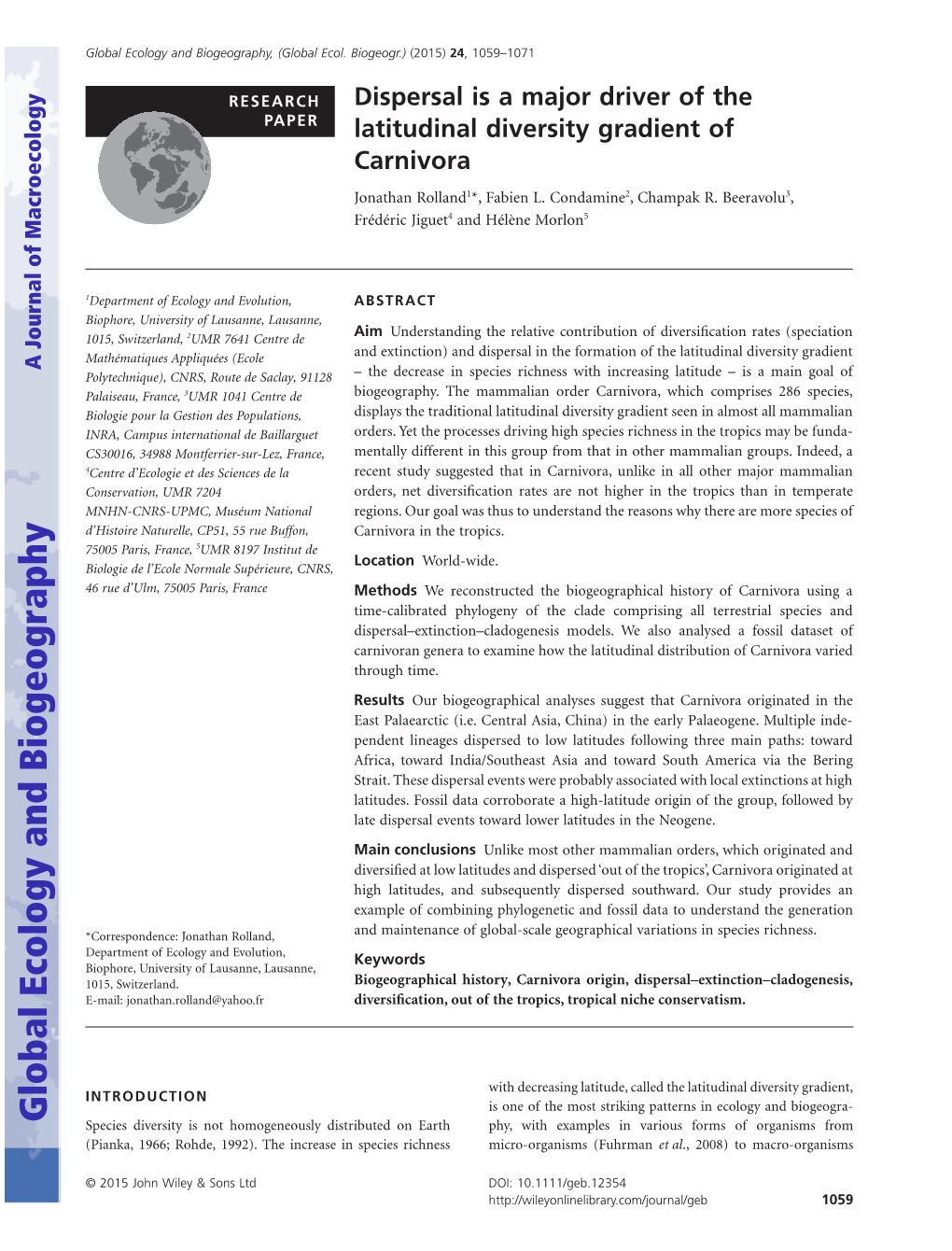 Dispersal Is a Major Driver of the Latitudinal Diversity Gradient of Carnivora