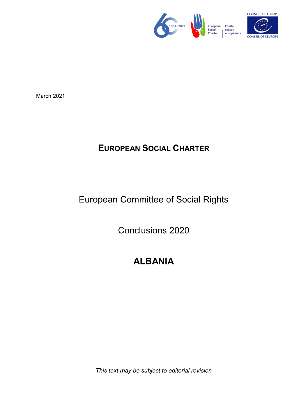 European Committee of Social Rights Conclusions 2020 ALBANIA