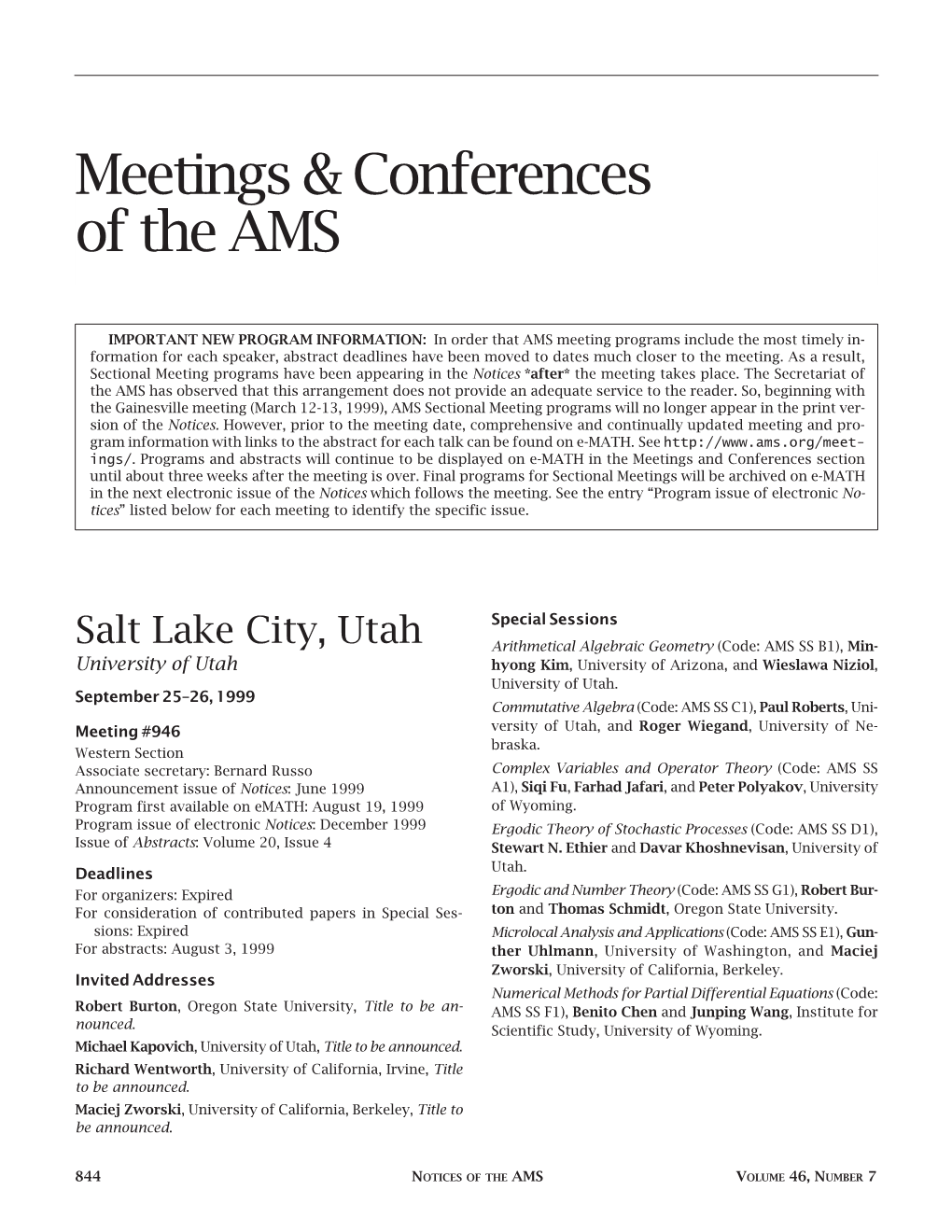 Meetings & Conferences of the AMS, Volume 46, Number 7