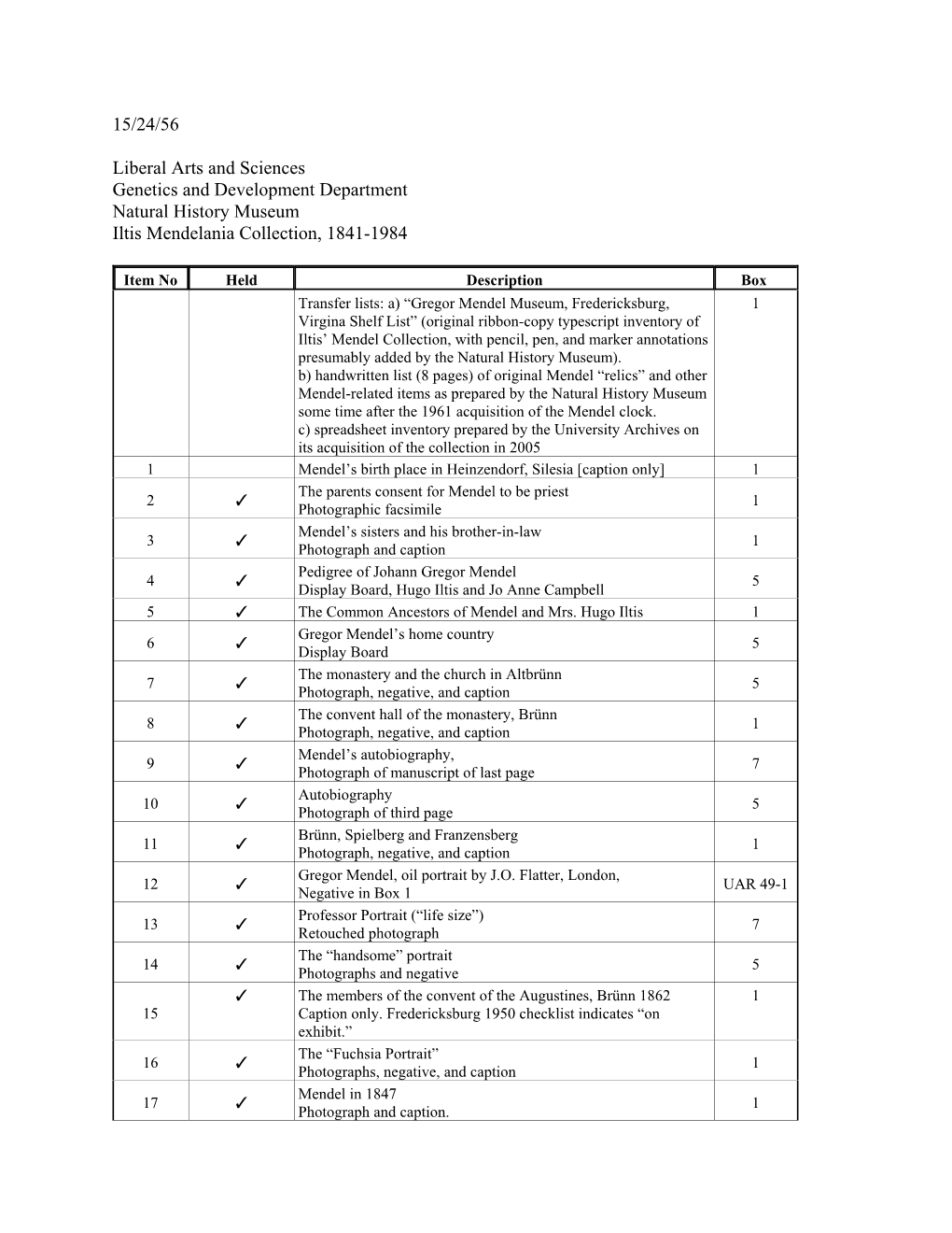 15/24/56 Liberal Arts and Sciences Genetics and Development