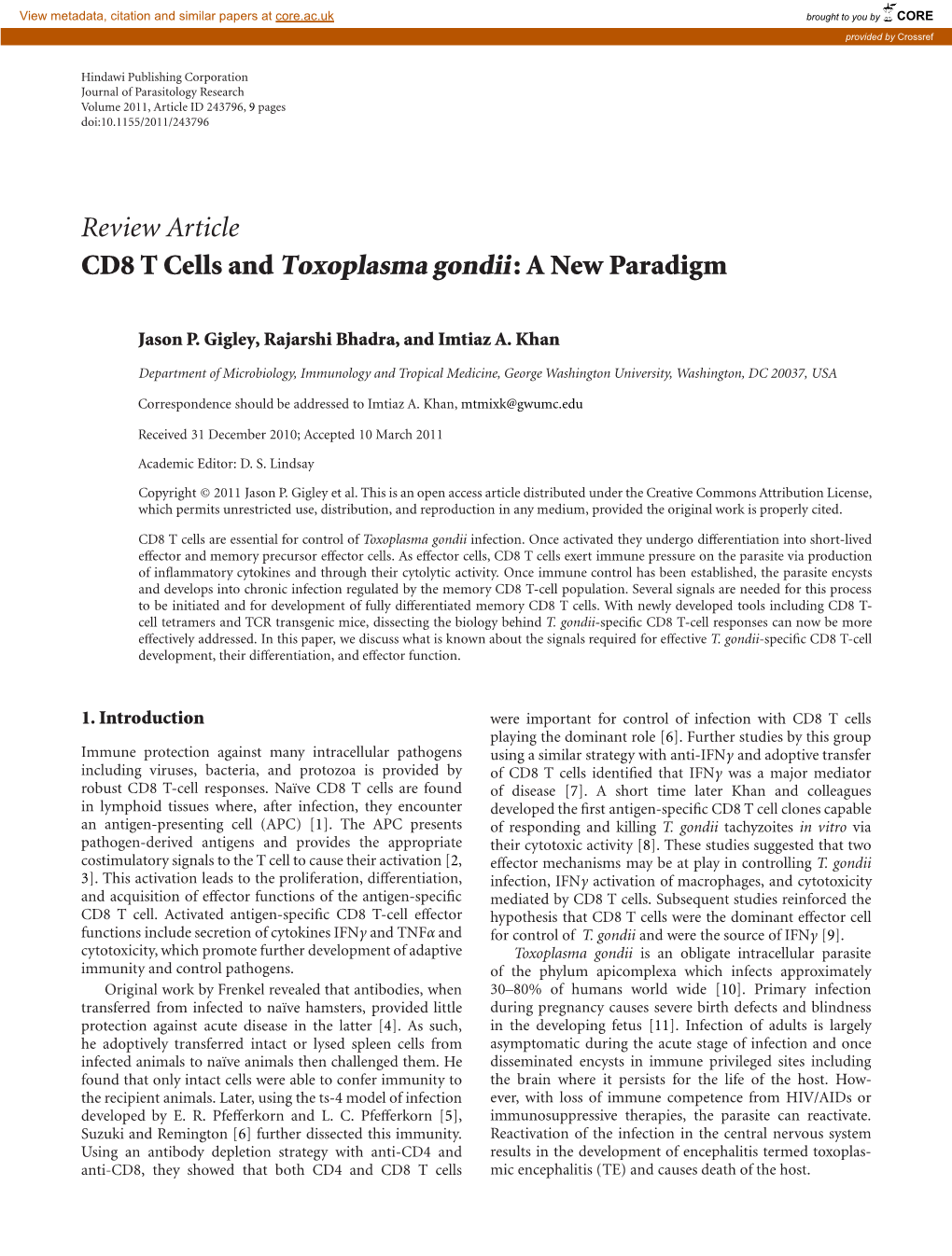 Review Article CD8 T Cells and Toxoplasma Gondii : a New Paradigm