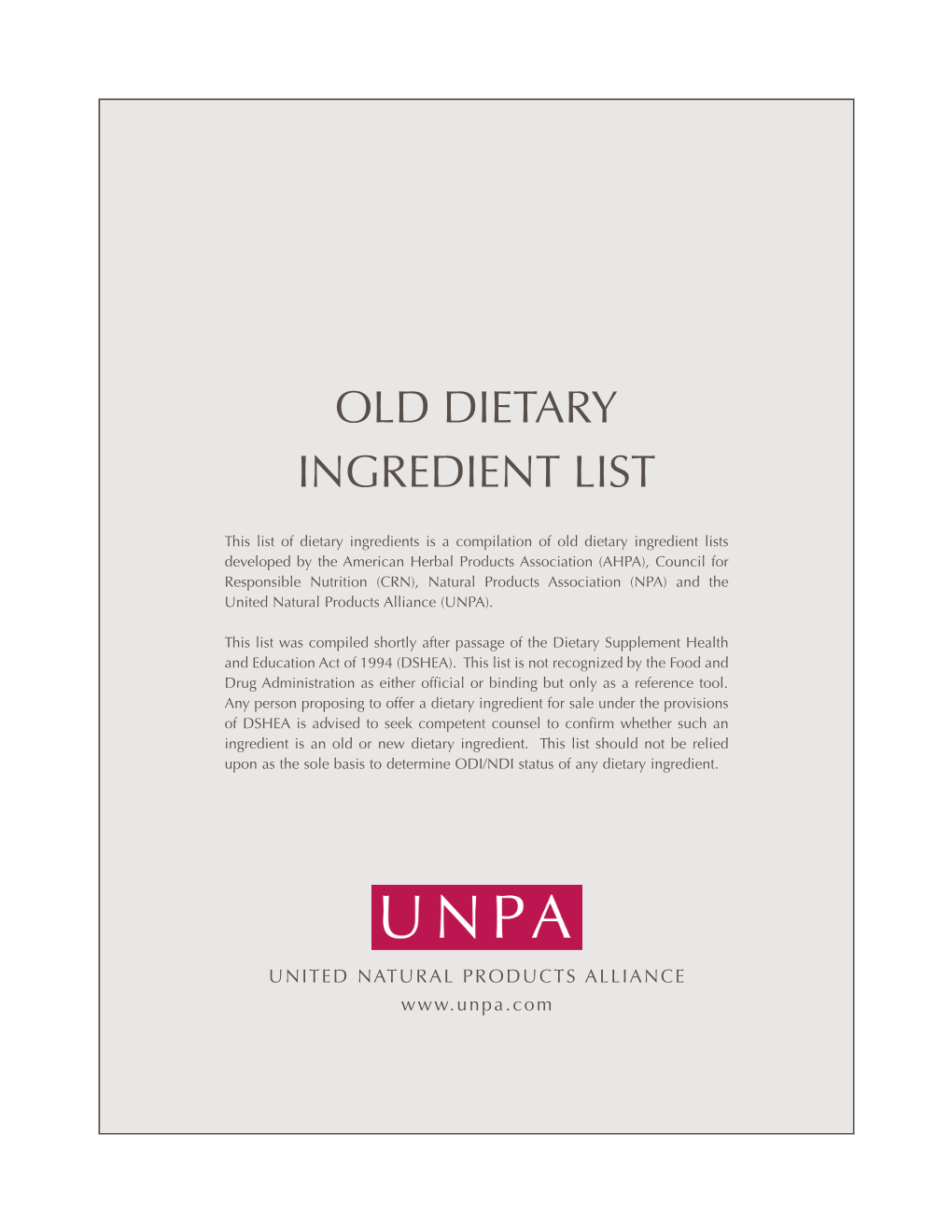 Old Dietary Ingredient List