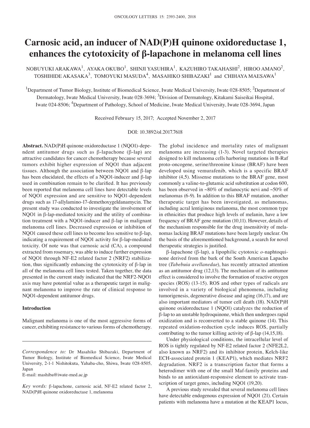 H Quinone Oxidoreductase 1, Enhances the Cytotoxicity of Β‑Lapachone in Melanoma Cell Lines