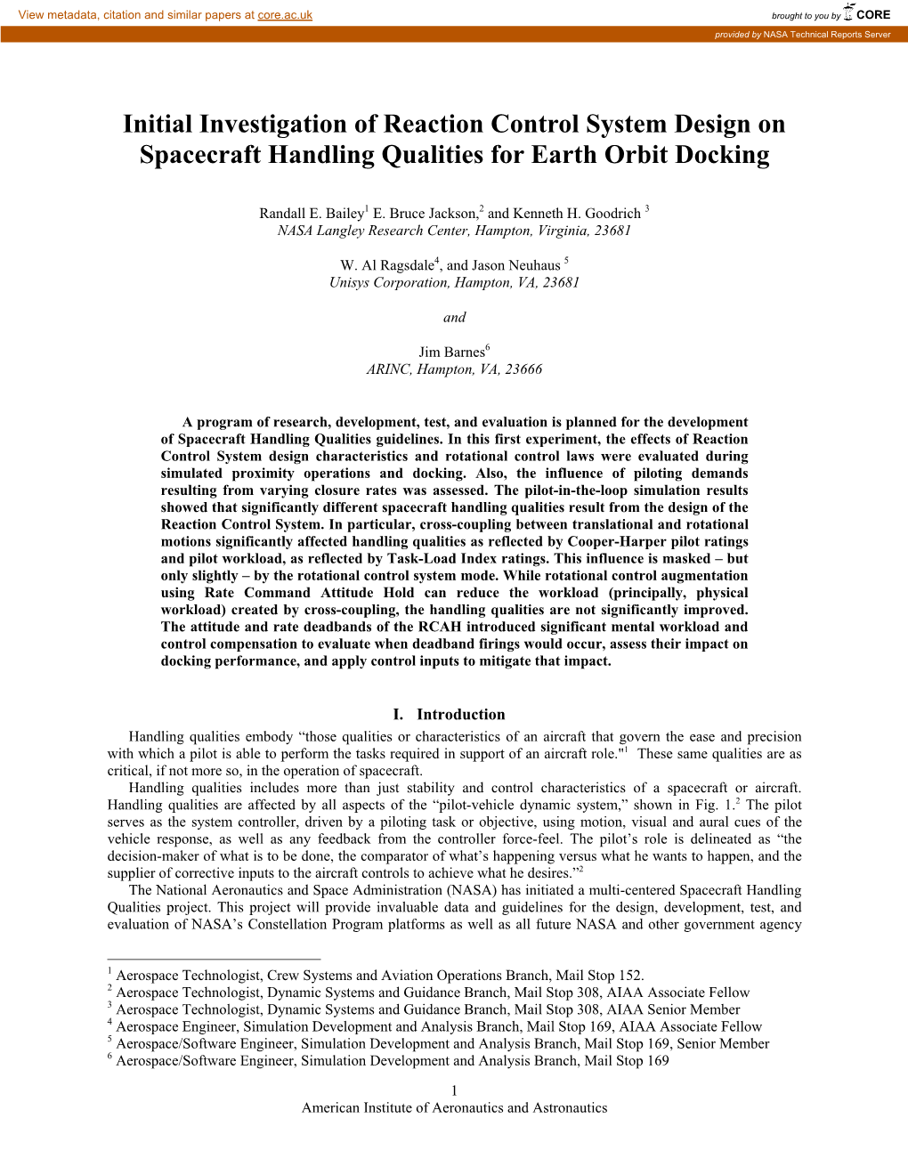 Initial Investigation of Reaction Control System Design on Spacecraft Handling Qualities for Earth Orbit Docking